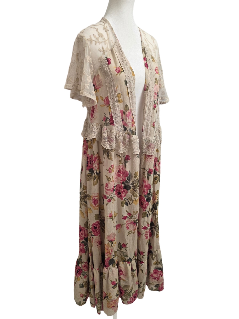 torrid Tan Floral Lace Maxi Kimono with Pink Rose Print Size Large/0
